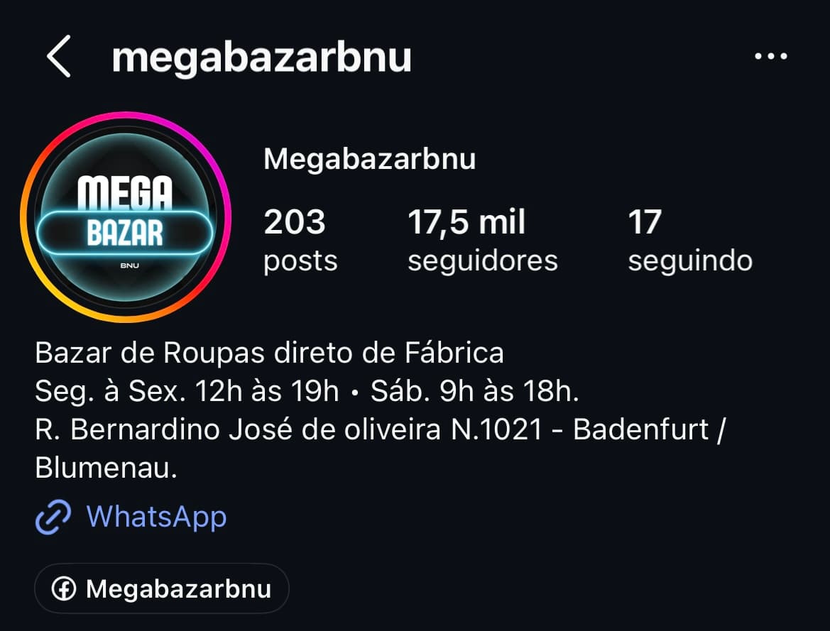 Perfil do Instagram @megabazarbnu com 17,5 mil seguidores